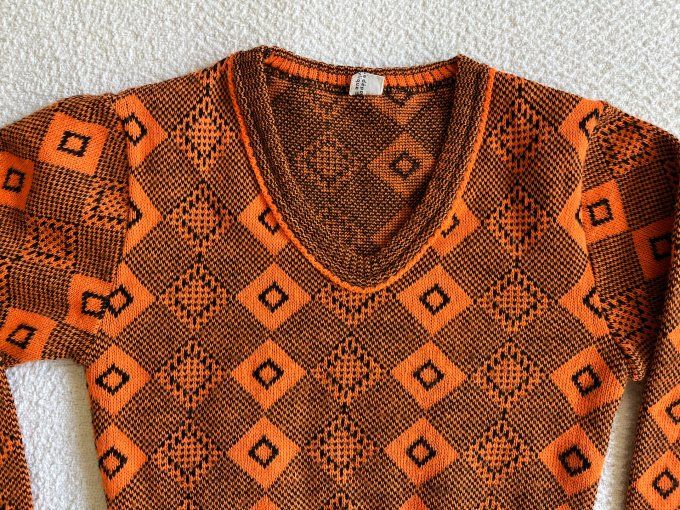 Pull vintage années 70 enfant orange et marron Exlan, 8 - 10 ans
