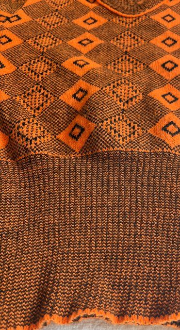 Pull vintage années 70 enfant orange et marron Exlan, 8 - 10 ans