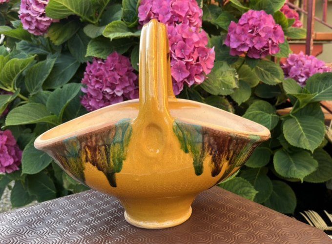 Rare ! Ancien Pot-Panier en terre cuite, poterie vernissée, jaune, vert & brun