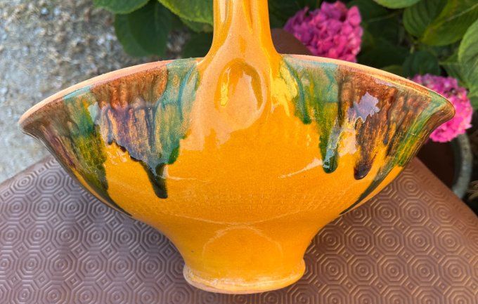 Rare ! Ancien Pot-Panier en terre cuite, poterie vernissée, jaune, vert & brun