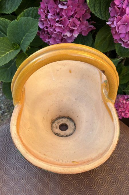 Rare ! Ancien Pot-Panier en terre cuite, poterie vernissée, jaune, vert & brun