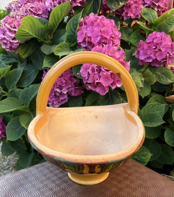 Rare ! Ancien Pot-Panier en terre cuite, poterie vernissée, jaune, vert & brun
