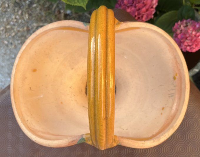 Rare ! Ancien Pot-Panier en terre cuite, poterie vernissée, jaune, vert & brun