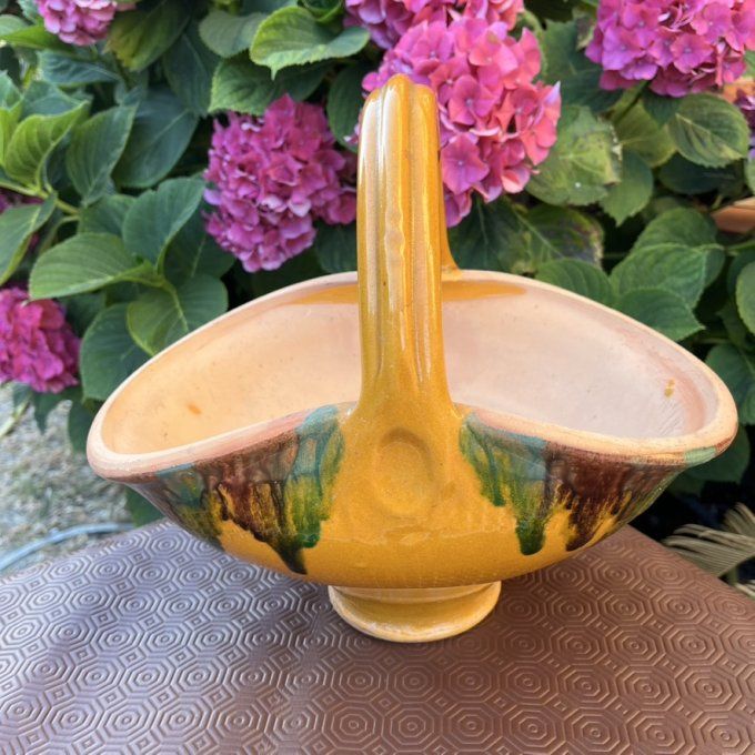 Rare ! Ancien Pot-Panier en terre cuite, poterie vernissée, jaune, vert & brun