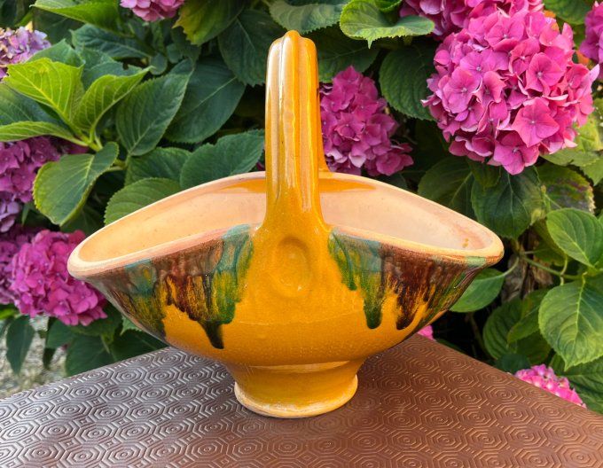 Rare ! Ancien Pot-Panier en terre cuite, poterie vernissée, jaune, vert & brun