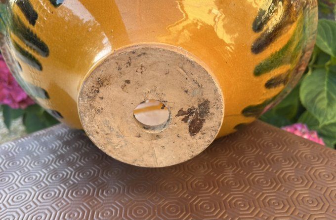 Rare ! Ancien Pot-Panier en terre cuite, poterie vernissée, jaune, vert & brun