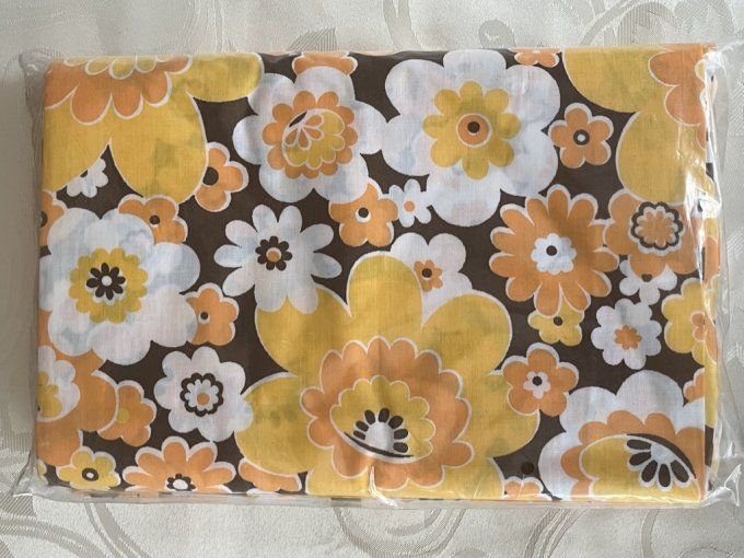 RARE ! Drap plat vintage années 70 – Motif floral explosif orange/marron – NEUF