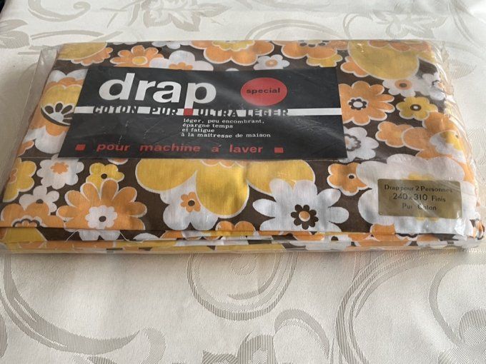 RARE ! Drap plat vintage années 70 – Motif floral explosif orange/marron – NEUF