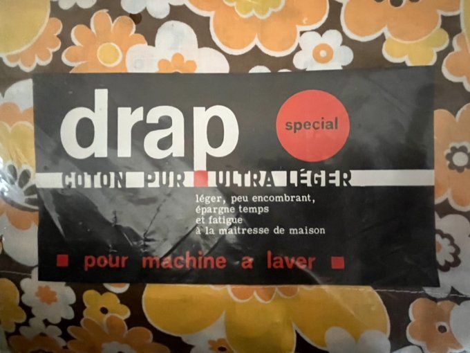 RARE ! Drap plat vintage années 70 – Motif floral explosif orange/marron – NEUF