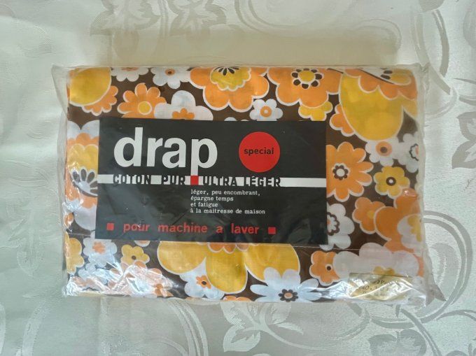 RARE ! Drap plat vintage années 70 – Motif floral explosif orange/marron – NEUF