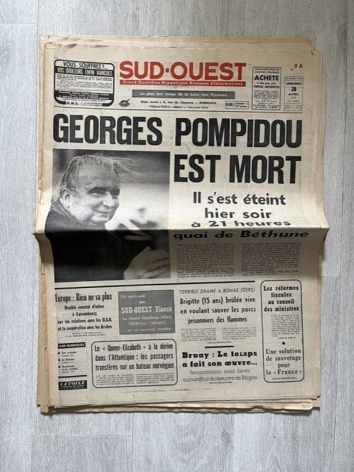 Rare ! Lot 6 journaux originaux d'avril 1974, Mort de Georges Pompidou