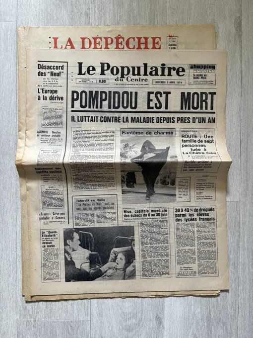Rare ! Lot 6 journaux originaux d'avril 1974, Mort de Georges Pompidou