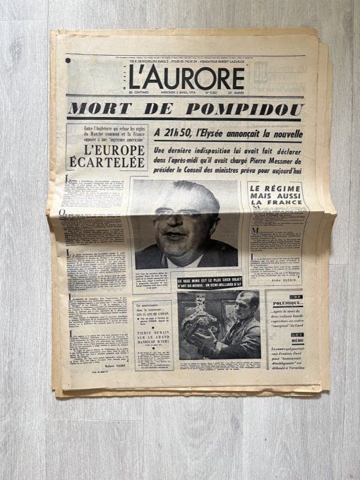 Rare ! Lot 6 journaux originaux d'avril 1974, Mort de Georges Pompidou