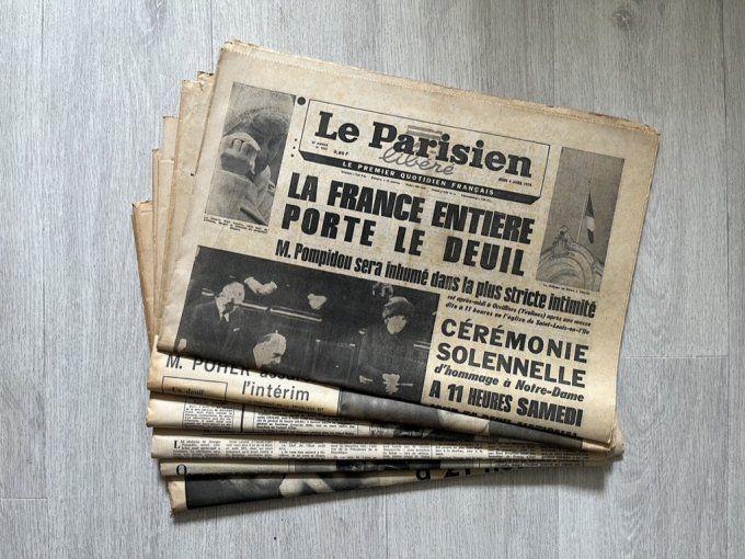 Rare ! Lot 6 journaux originaux d'avril 1974, Mort de Georges Pompidou