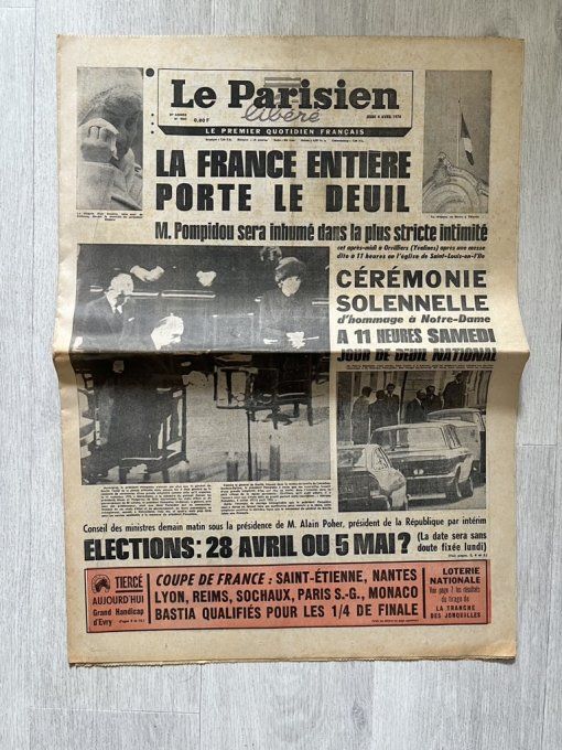 Rare ! Lot 6 journaux originaux d'avril 1974, Mort de Georges Pompidou