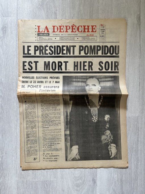 Rare ! Lot 6 journaux originaux d'avril 1974, Mort de Georges Pompidou