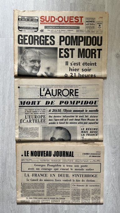 Rare ! Lot 6 journaux originaux d'avril 1974, Mort de Georges Pompidou