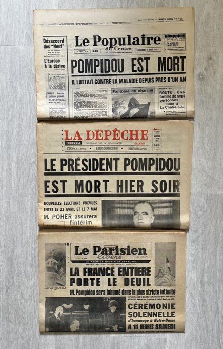 Rare ! Lot 6 journaux originaux d'avril 1974, Mort de Georges Pompidou