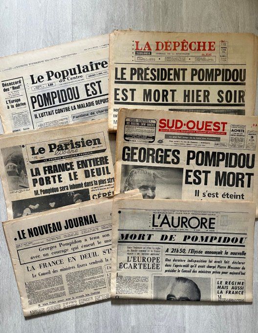 Rare ! Lot 6 journaux originaux d'avril 1974, Mort de Georges Pompidou