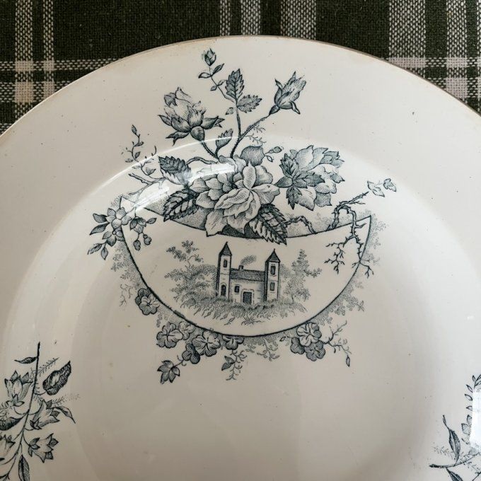 Rare ! Plat de service Saint-Amand et Hamages - Modèle "Paysage" - Décor Bleu-Gris
