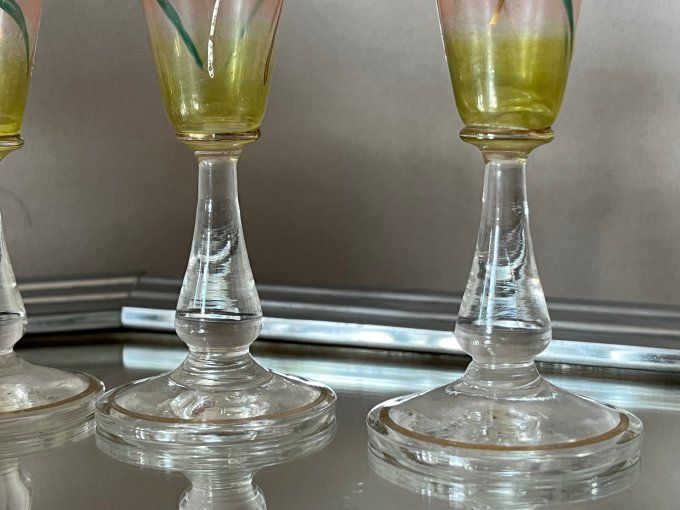 Rare ! Superbe ensemble de 5 verres à liqueur, verre fumé rose et vert, émaillé - Style Art nouveau