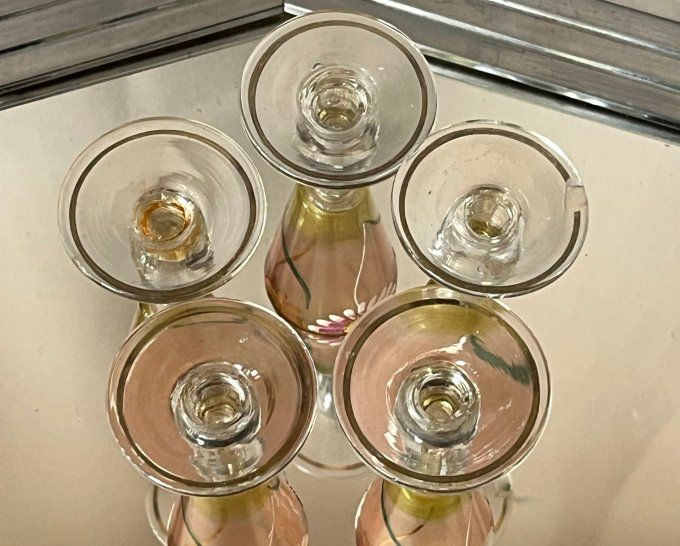 Rare ! Superbe ensemble de 5 verres à liqueur, verre fumé rose et vert, émaillé - Style Art nouveau
