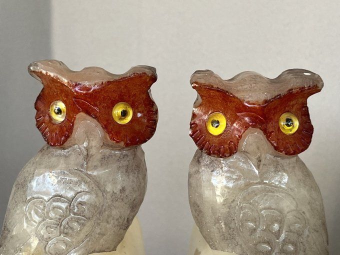 Ravissante Paire de serre-livres vintage hiboux en albâtre et yeux en verre Italie 70s.
