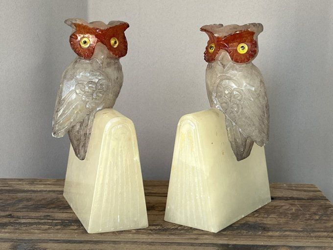 Ravissante Paire de serre-livres vintage hiboux en albâtre et yeux en verre Italie 70s.