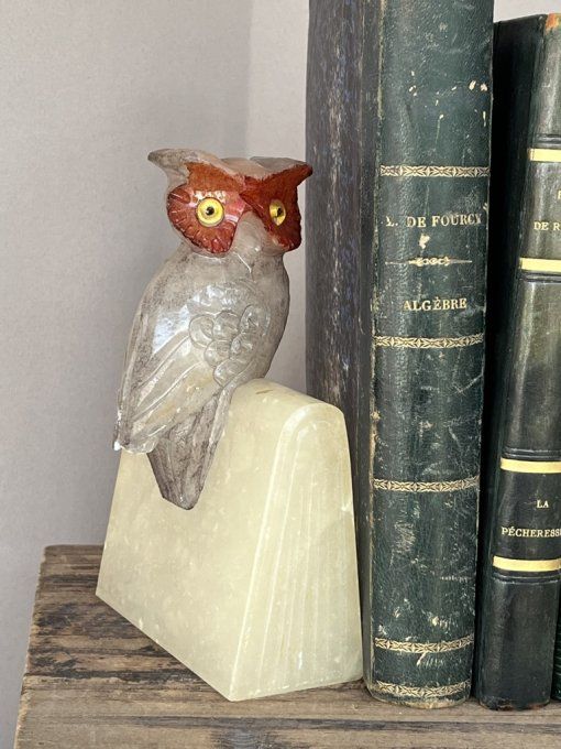 Ravissante Paire de serre-livres vintage hiboux en albâtre et yeux en verre Italie 70s.