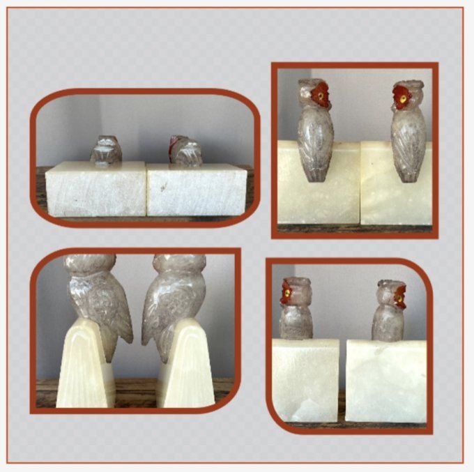 Ravissante Paire de serre-livres vintage hiboux en albâtre et yeux en verre Italie 70s.