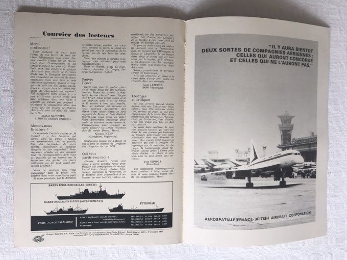 Revue Atlas Air France, N° 85, 1973 + Menu Air France, Paris Bucarest 1971