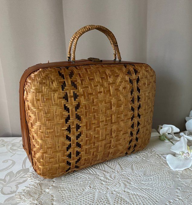 Sac à main / Valisette vintage en osier tressé bicolore,  Années 60/70
