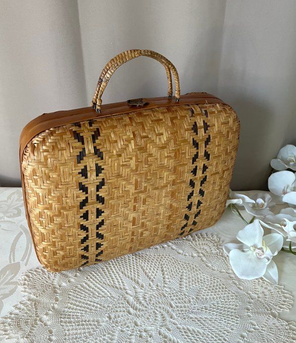 Sac à main / Valisette vintage en osier tressé bicolore,  Années 60/70