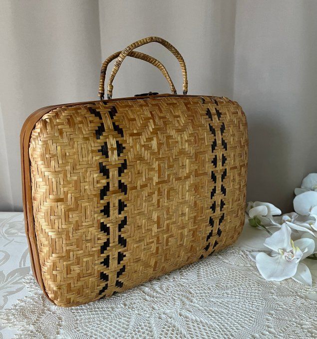 Sac à main / Valisette vintage en osier tressé bicolore,  Années 60/70
