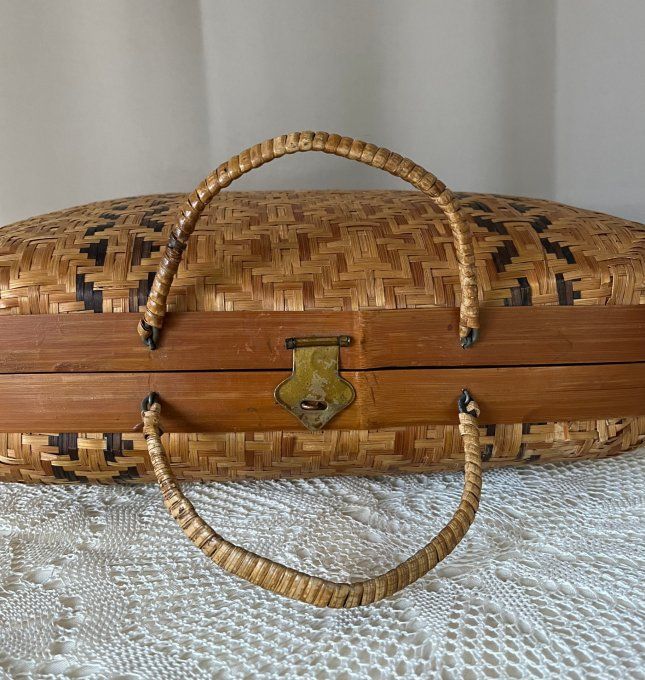 Sac à main / Valisette vintage en osier tressé bicolore,  Années 60/70