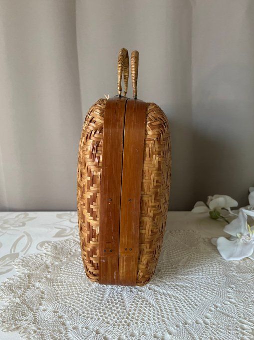 Sac à main / Valisette vintage en osier tressé bicolore,  Années 60/70