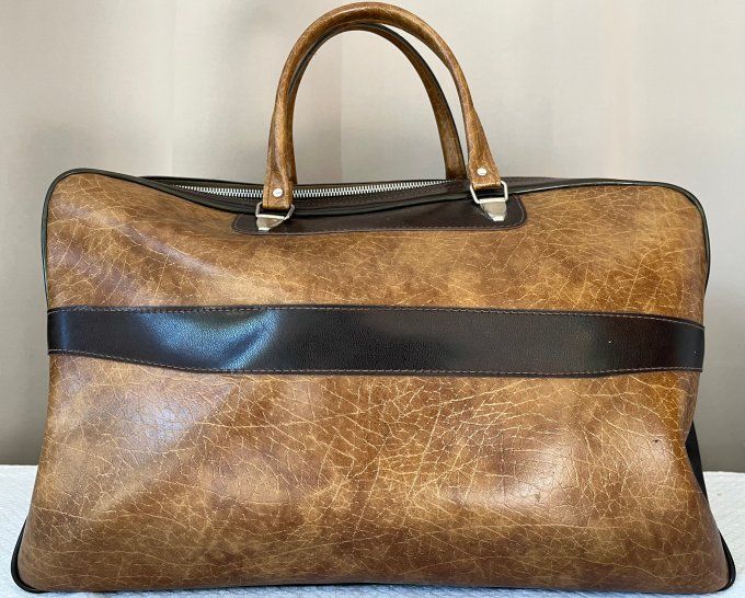 Sac de voyage vintage des années 70 en simili cuir bicolore