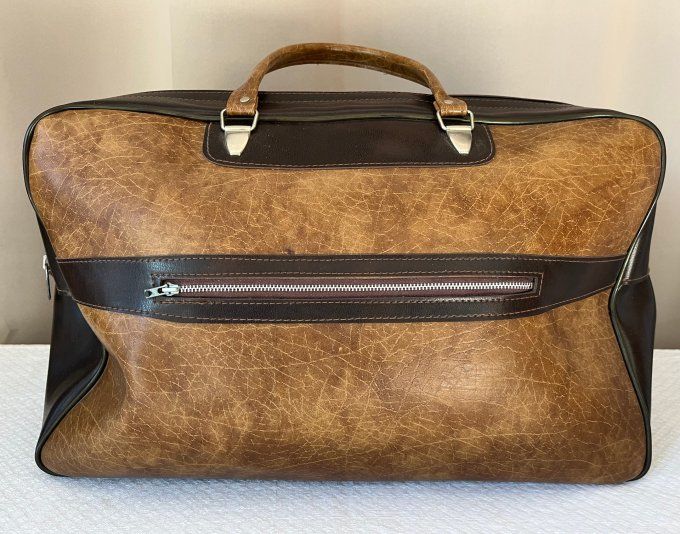 Sac de voyage vintage des années 70 en simili cuir bicolore