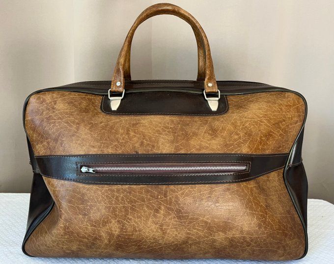 Sac de voyage vintage des années 70 en simili cuir bicolore