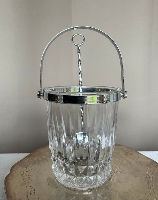 Seau à glace, cristal d'Arques avec sa cuillière à glaçons Fabiora, Vintage