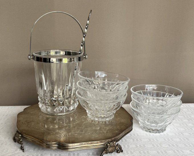 Seau à glace, cristal d'Arques avec sa cuillière à glaçons Fabiora, Vintage
