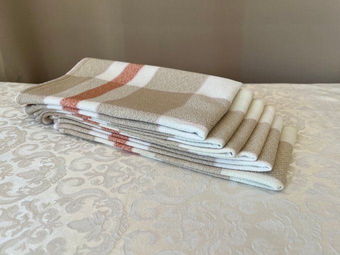 Série de 5 serviettes de table à carreaux beige brique vintage.