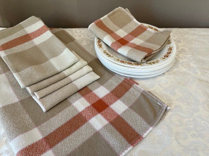 Série de 5 serviettes de table à carreaux beige brique vintage
