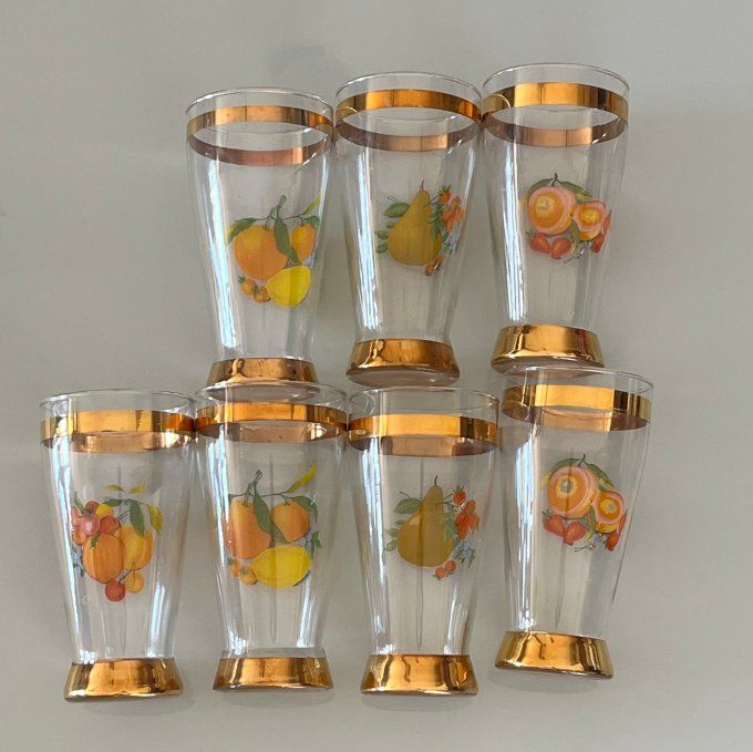 Série de 7 verres coniques en cristal - Décor Fruits & Dorures - Vintage 1950/60