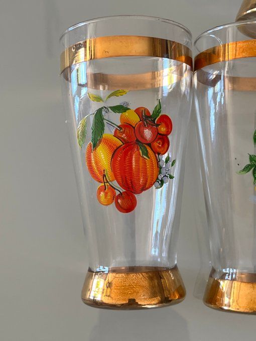 Série de 7 verres coniques en cristal - Décor Fruits & Dorures - Vintage 1950/60