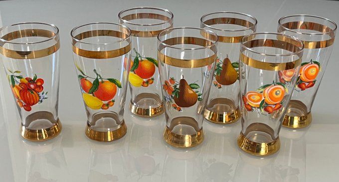 Série de 7 verres coniques en cristal - Décor Fruits & Dorures - Vintage 1950/60