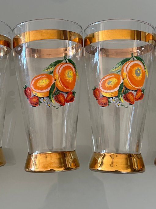 Série de 7 verres coniques en cristal - Décor Fruits & Dorures - Vintage 1950/60