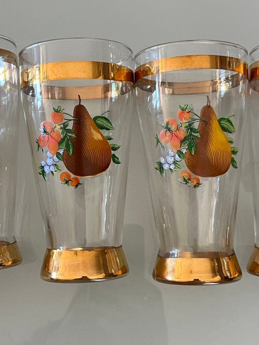 Série de 7 verres coniques en cristal - Décor Fruits & Dorures - Vintage 1950/60