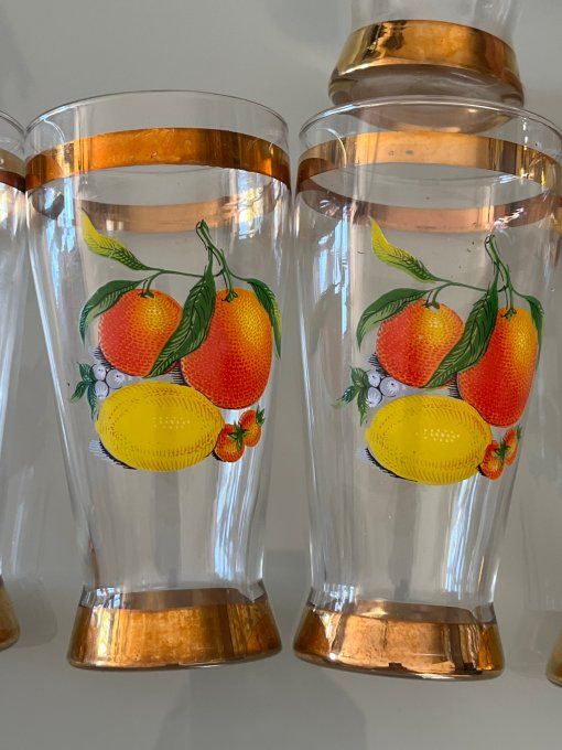 Série de 7 verres coniques en cristal - Décor Fruits & Dorures - Vintage 1950/60