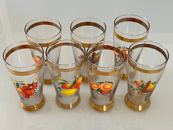 Série de 7 verres coniques en cristal - Décor Fruits & Dorures - Vintage 1950/60